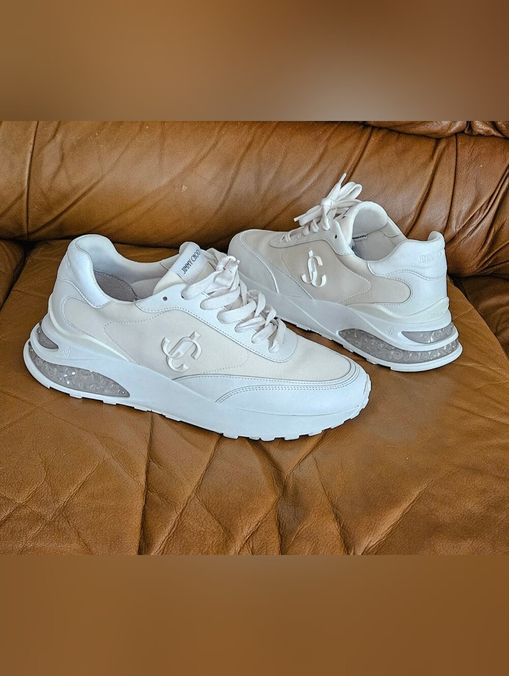 Men's Jimmy Choo White Leather Blended Fabric Luxury Sneakers Size 8 US